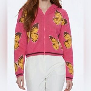 Witty Fox Womens Pink Hooded Sweater,Butterfly Cottagecore Grandmacore Boho Sz M